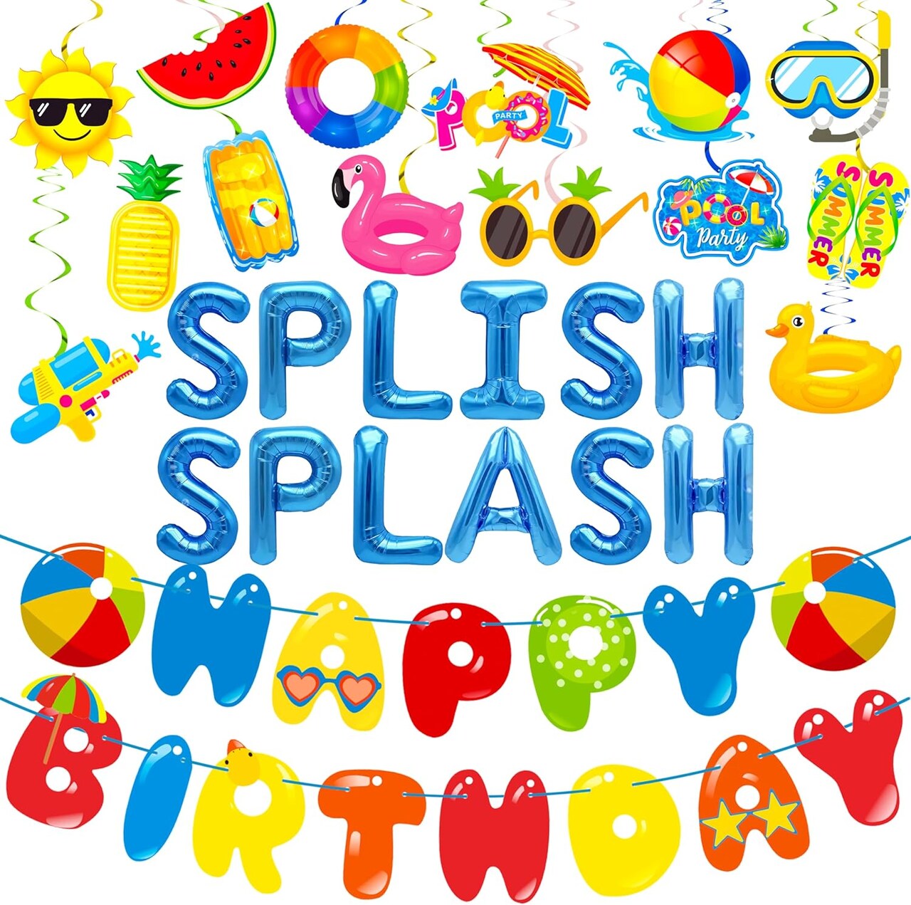 Splish Splash Birthday Bash Party Supplies Splish Splash Balloons Beach Happy Birthday Banner Summer Pool Party Hanging Swirls for Boys Hawaiian Summer Pool Beach Party Decorations
